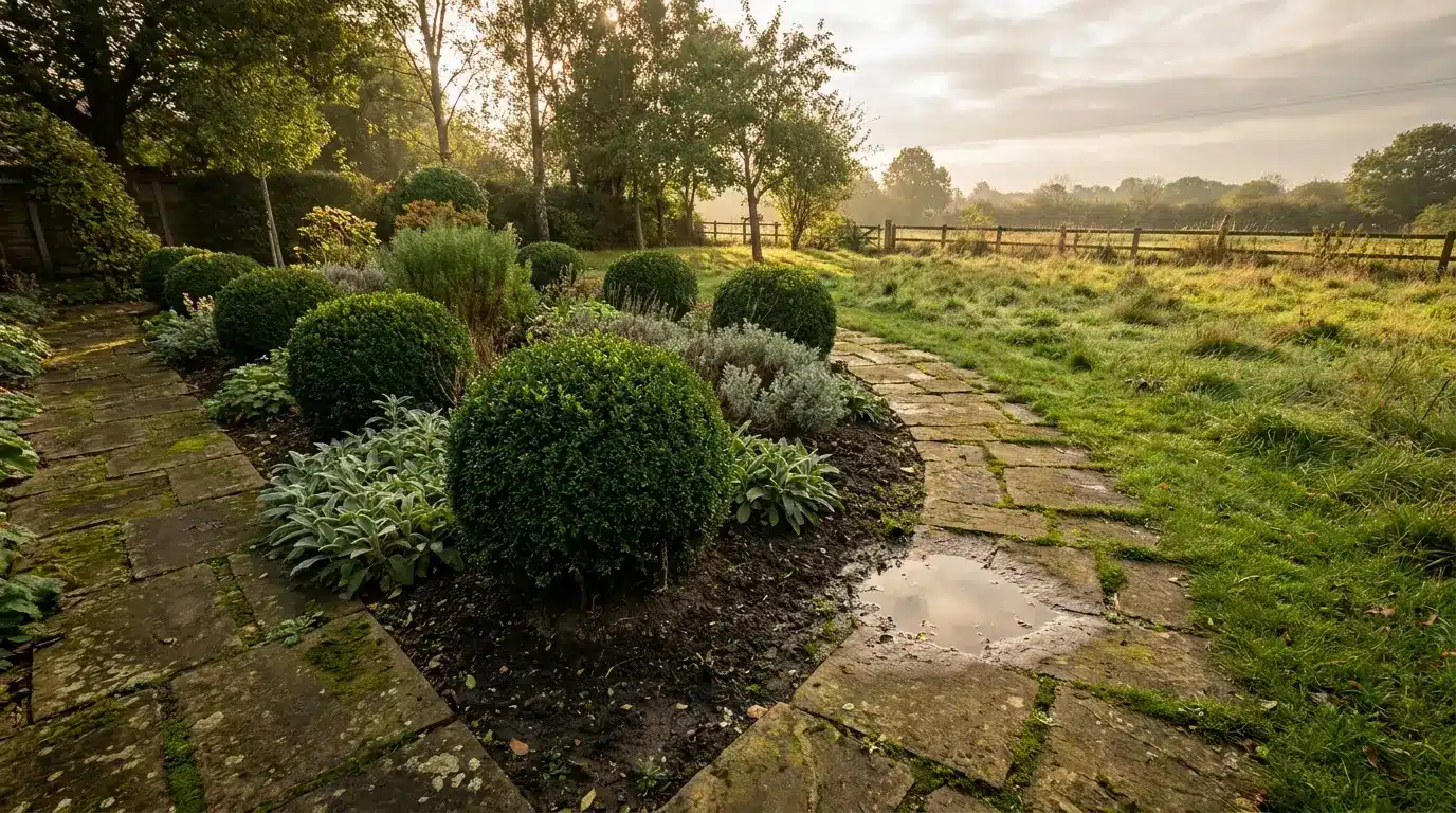 Stone pathway winding through lush garden with trimmed bushes and sunlight filtering through trees