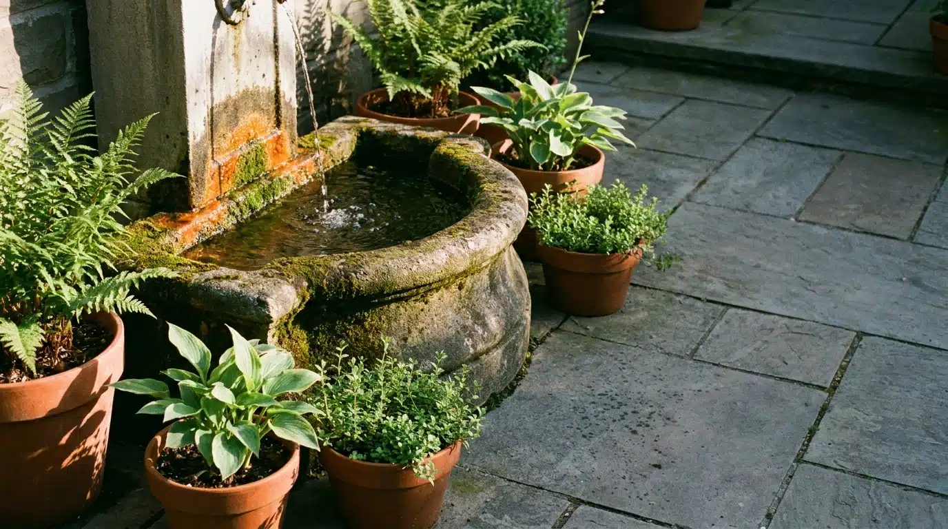 Stone water fountain surrounded by potted plants on a sunlit patio