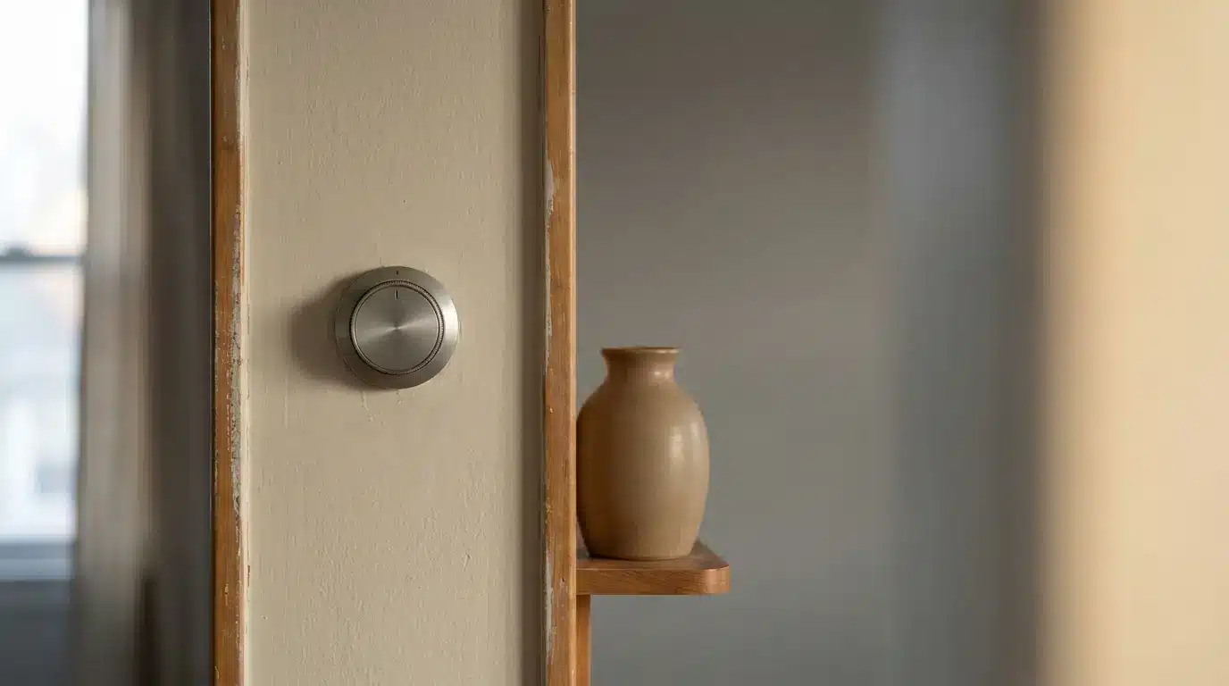 Wall-mounted thermostat dial on a bedroom wall lit by soft morning window light beside a ceramic vase