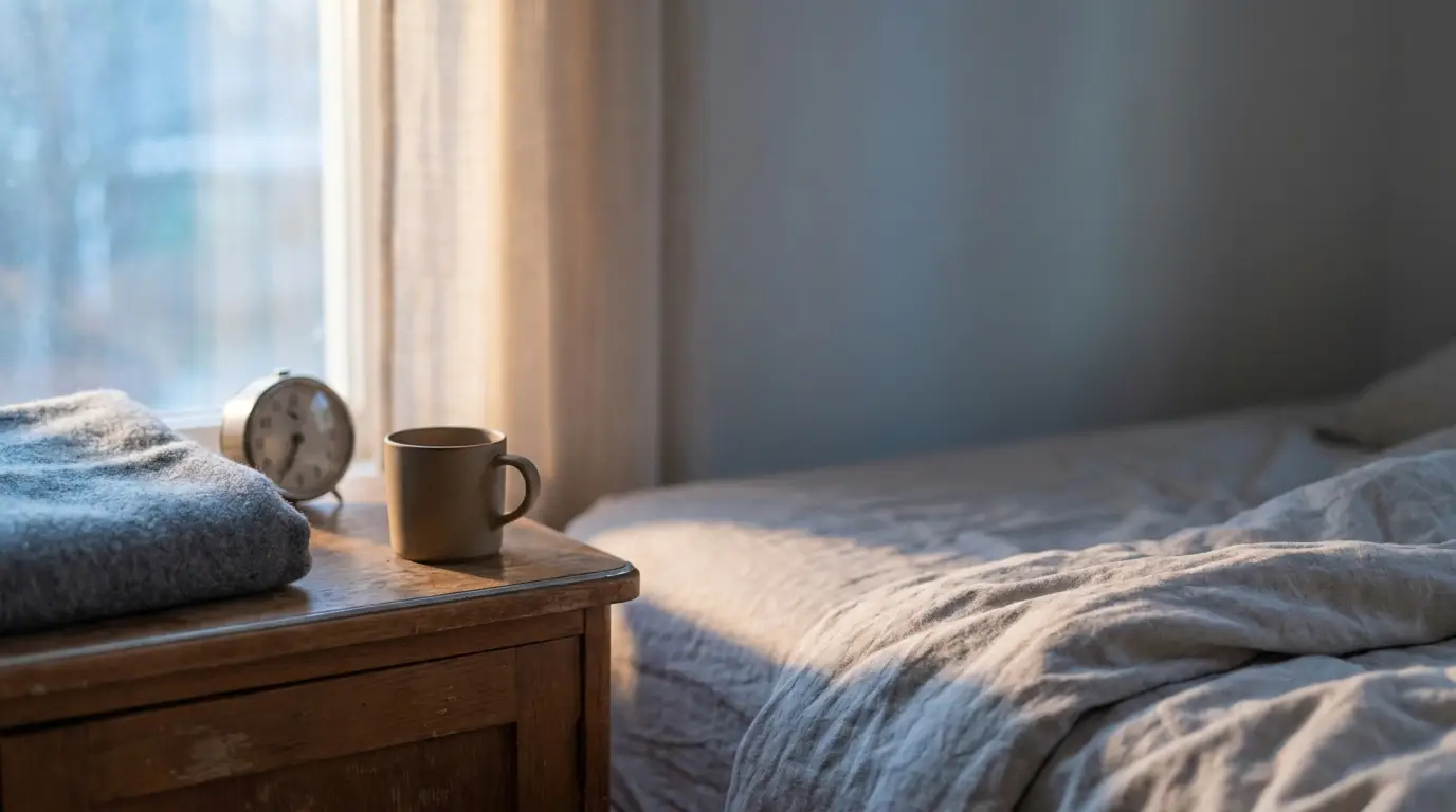Quiet bedroom nightstand with mug and folded blanket lit by soft morning window light