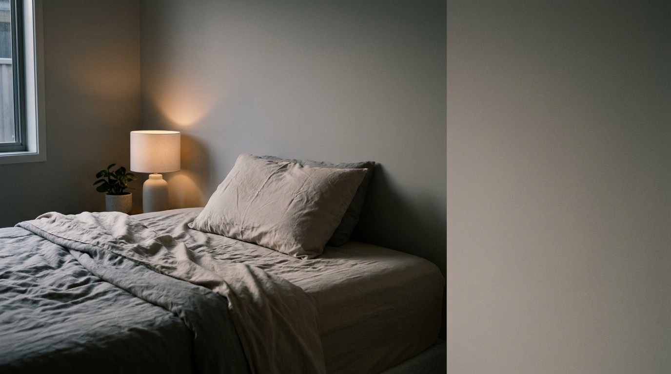 Cozy bedroom with beige bedding, bedside lamp, and potted plant on wooden nightstand