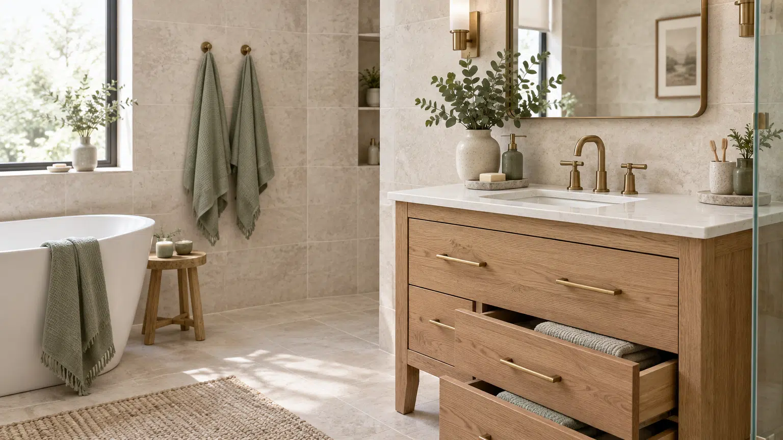 Modern bathroom with freestanding tub, oak vanity, and greenery accents in natural light