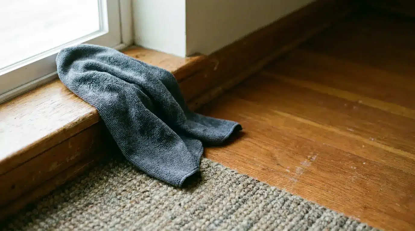 Gray towel draped on wooden windowsill next to woven rug in natural light