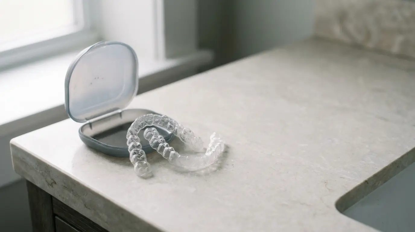 Clear dental aligners next to open case on light marble countertop in bright bathroom