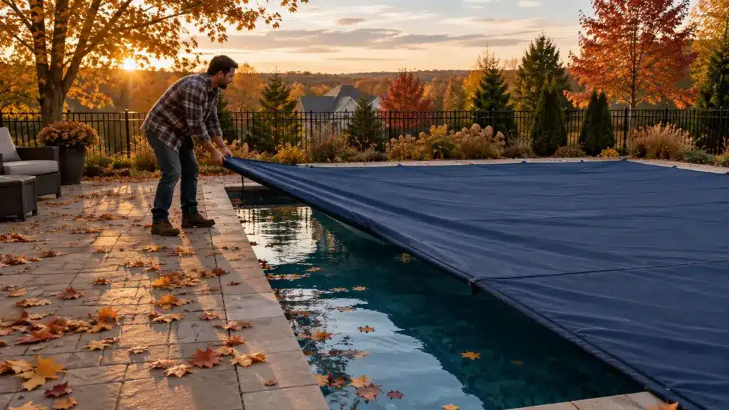 Man covering outdoor pool with blue tarp surrounded by autumn leaves at sunset