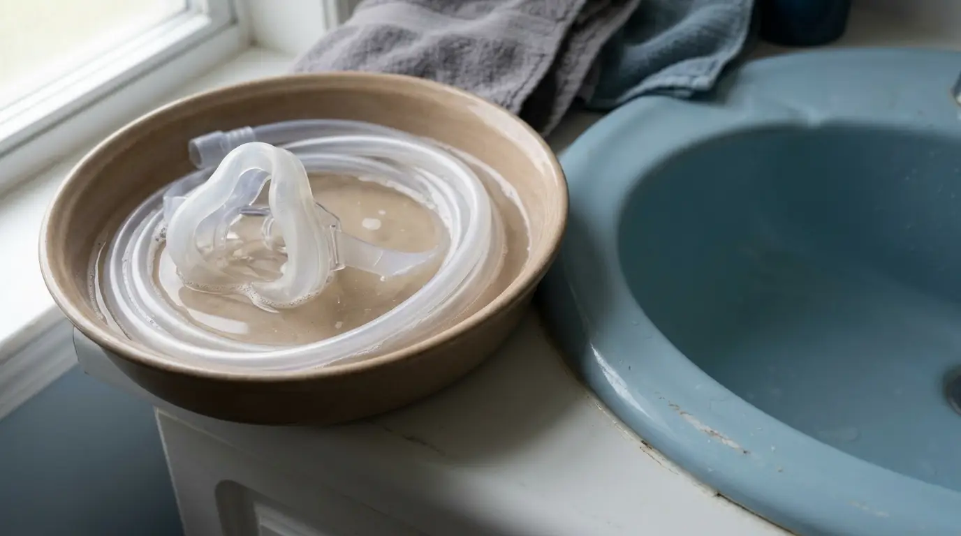 Disassembled CPAP mask parts and clear tubing soaking in a basin of warm soapy water by a window