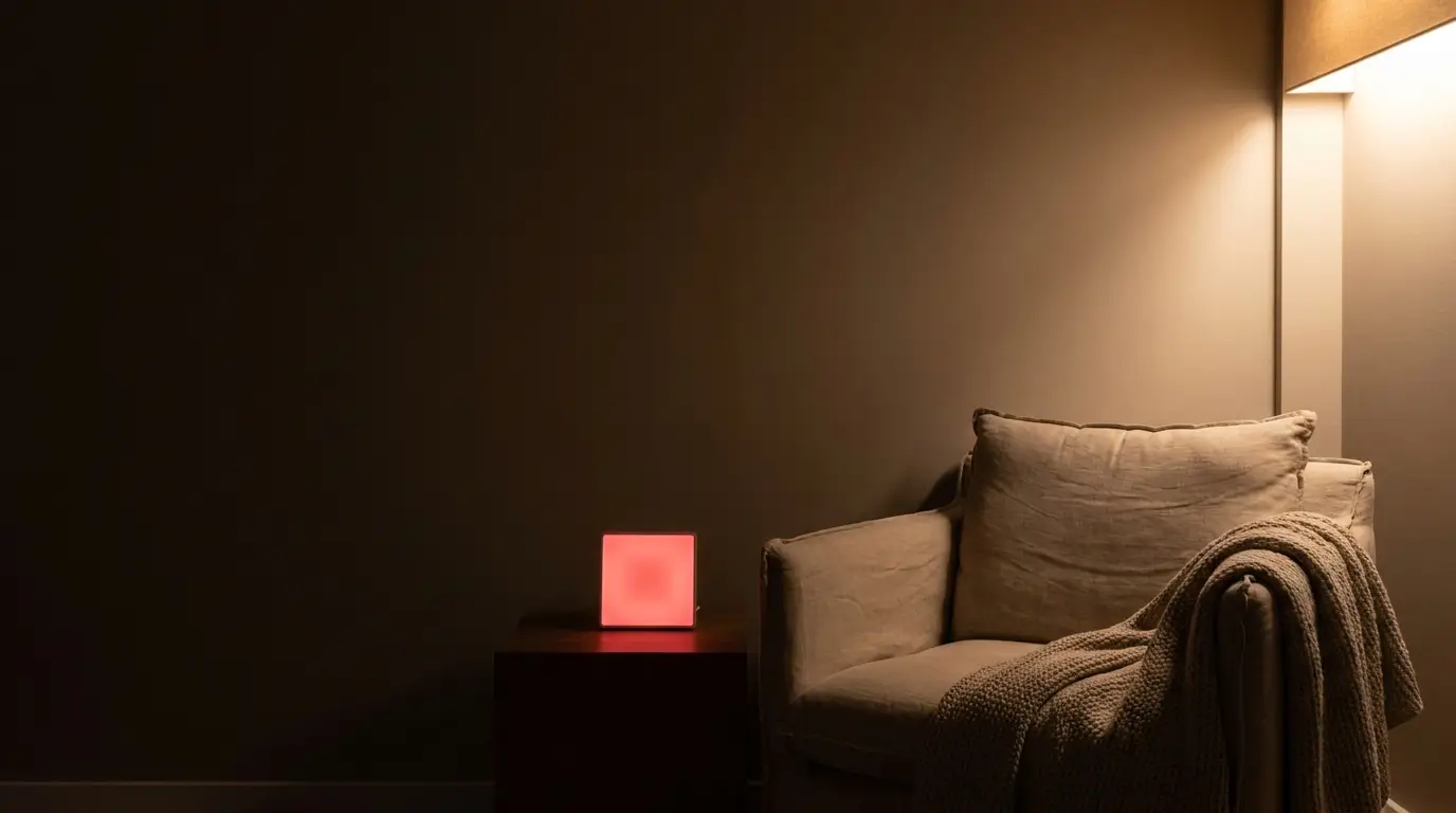 Cozy armchair with knitted blanket beside glowing cube light in dimly lit room