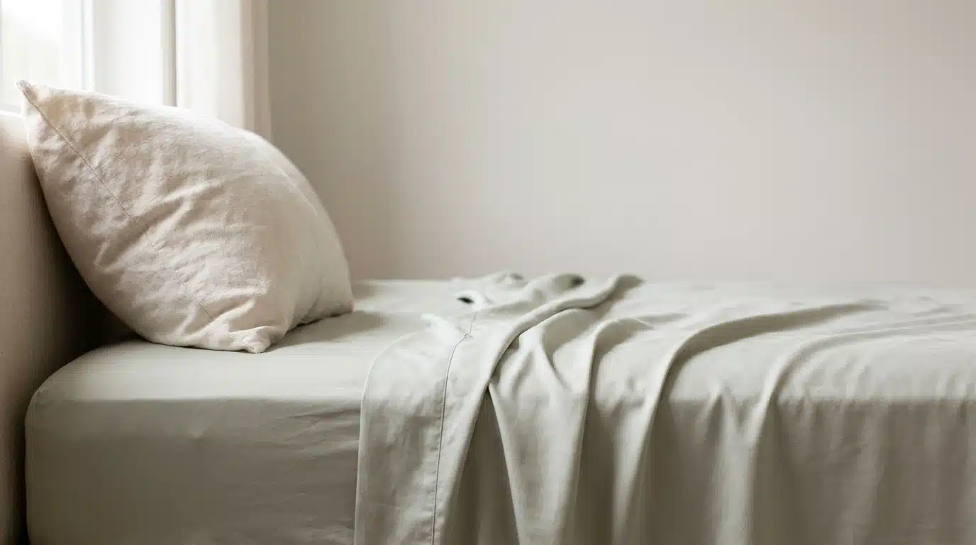 Neutral-colored bed with rumpled sheet and pillow in softly lit bedroom