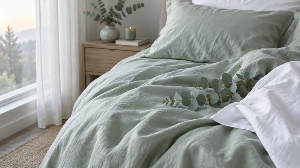 Bedroom with sage green bedding, eucalyptus branch, and wooden side table near large window