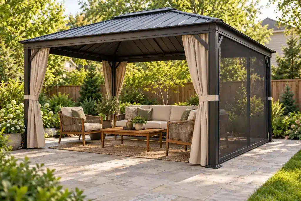 Outdoor patio with metal gazebo, wicker furniture, and beige curtains in a lush garden setting