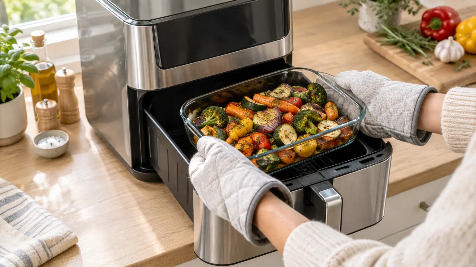 Hands removing roasted vegetables from stainless steel air fryer on wooden kitchen counter