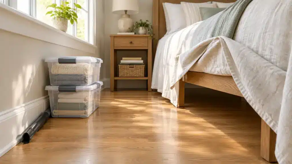 Organized bedroom with storage bins and wooden nightstand under natural light