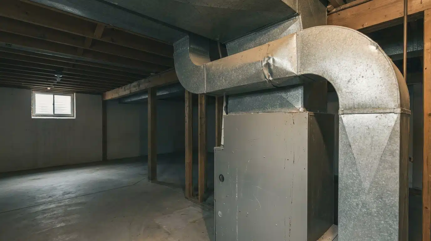 Unfinished basement with exposed ductwork and wooden beams, small window providing natural light