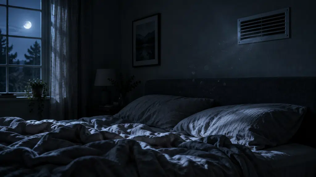 Dimly lit bedroom with moonlight illuminating a rumpled bed and potted plant by window