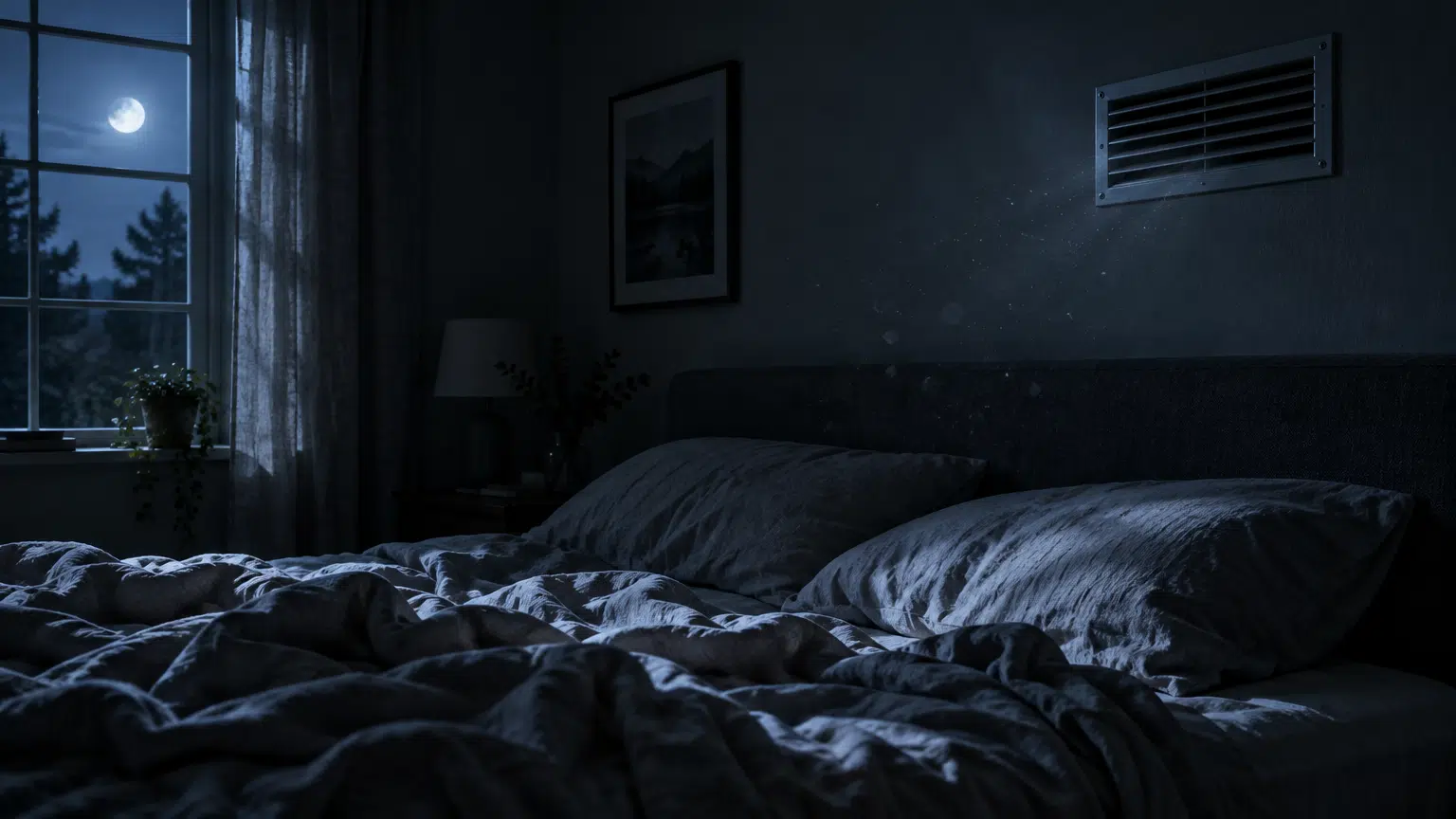 Dimly lit bedroom with moonlight illuminating a rumpled bed and potted plant by window