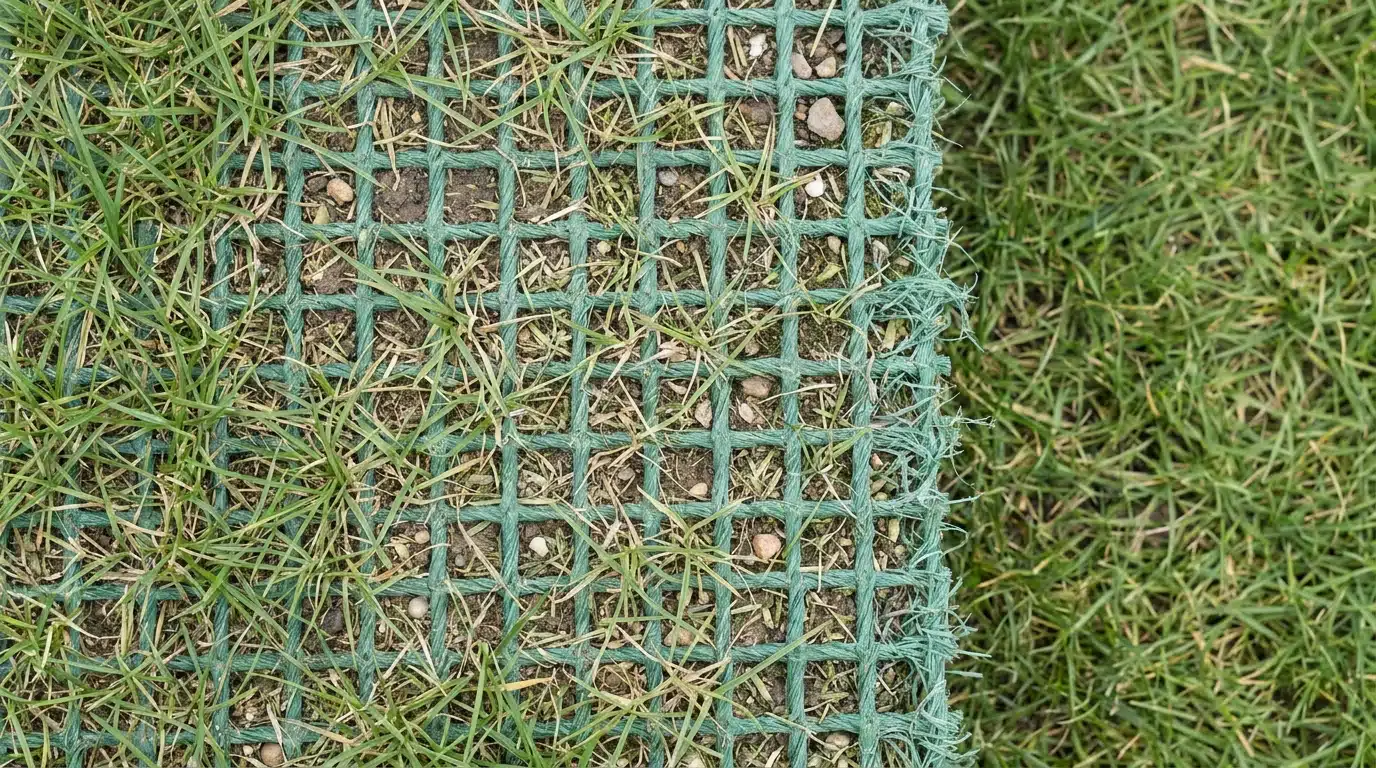 Close-up of green grass with turf reinforcement grid outdoors