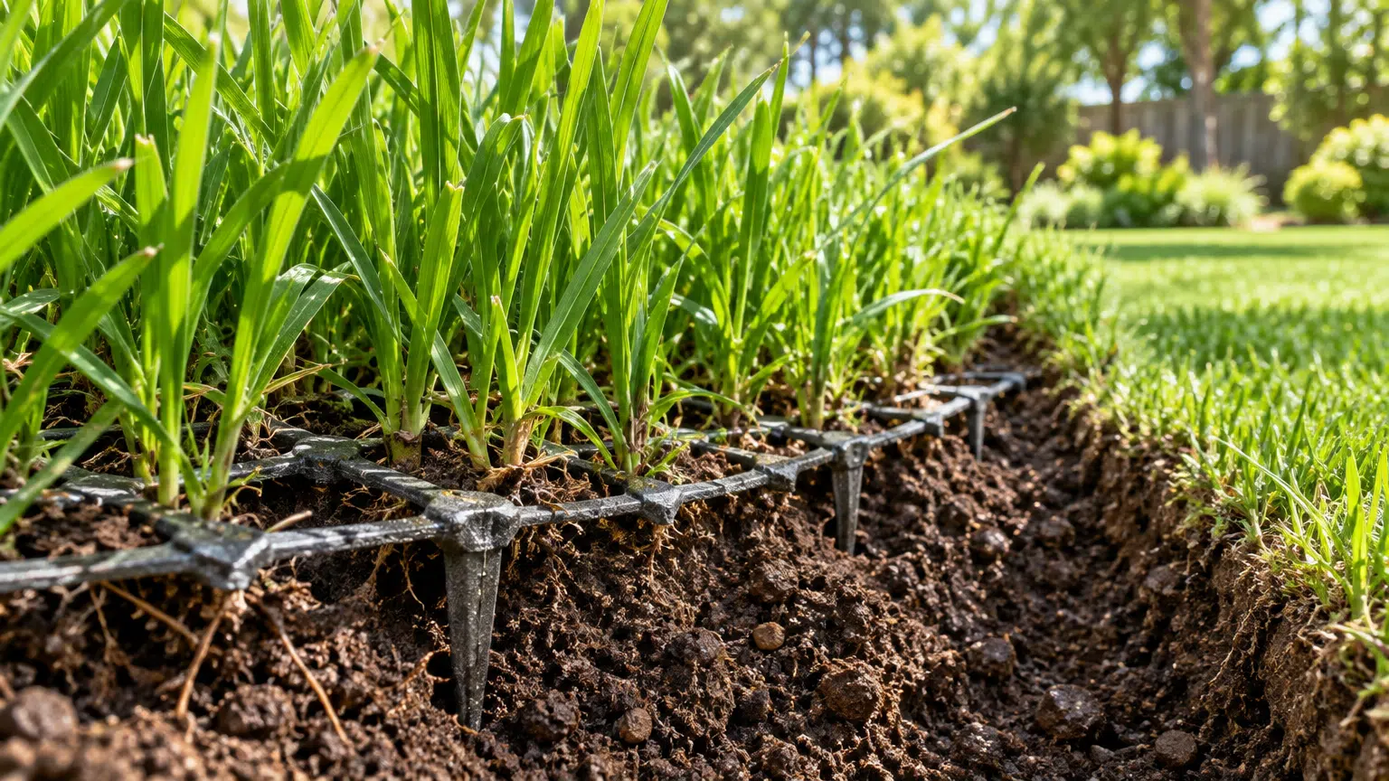 Close-up of green grass with exposed soil and irrigation system in a sunny garden