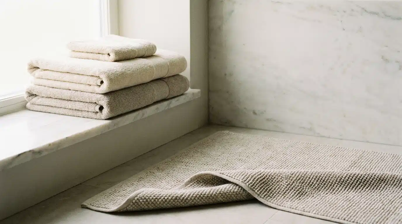 Beige towels and bath mat in a marble bathroom setting with natural light
