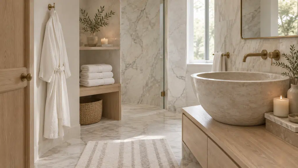 Elegant bathroom with stone vessel sink, marble tiles, and wooden accents under soft natural light