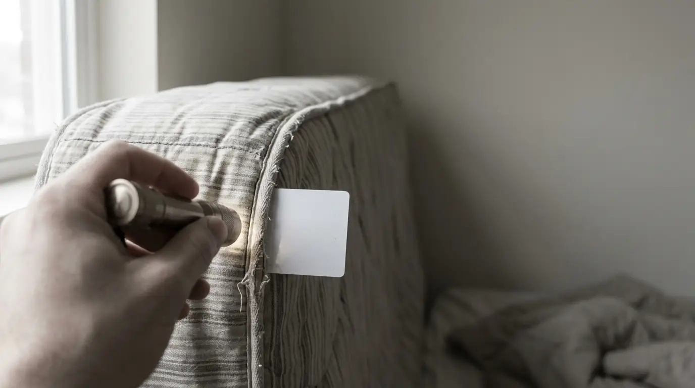 Hand shining a flashlight along a stripped mattress seam while a plastic card edge checks the fabric fold