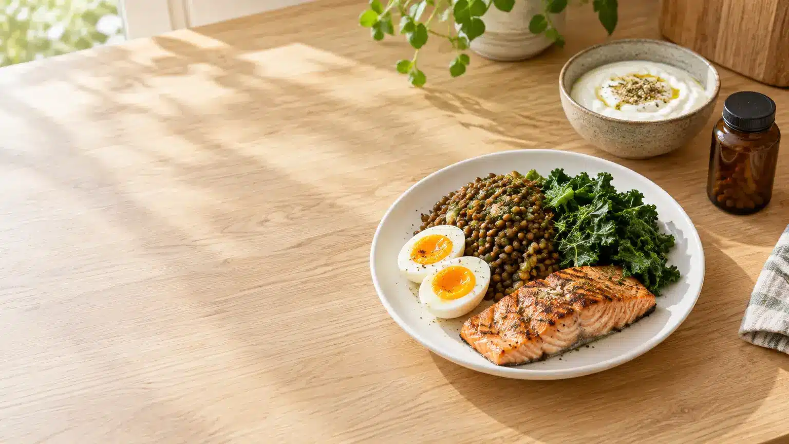 Grilled salmon with lentils, kale, and boiled egg on plate in sunlit kitchen