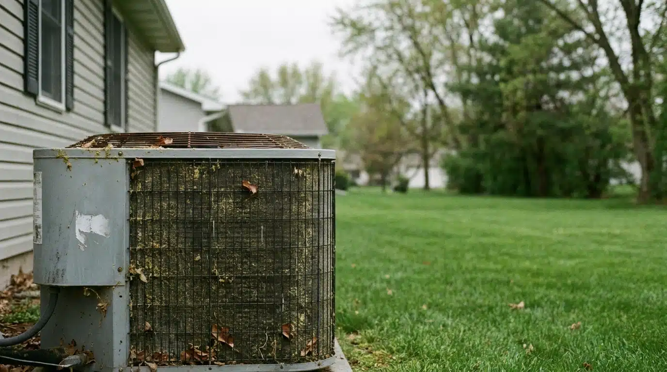 Outdoor air conditioning unit with rust and leaves on grassy lawn near house siding