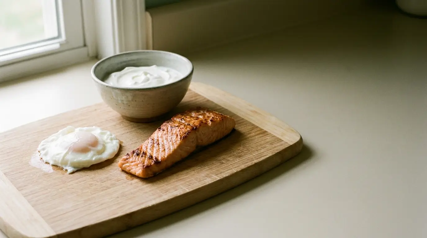 Grilled salmon, poached egg, and cream bowl on wooden board by window