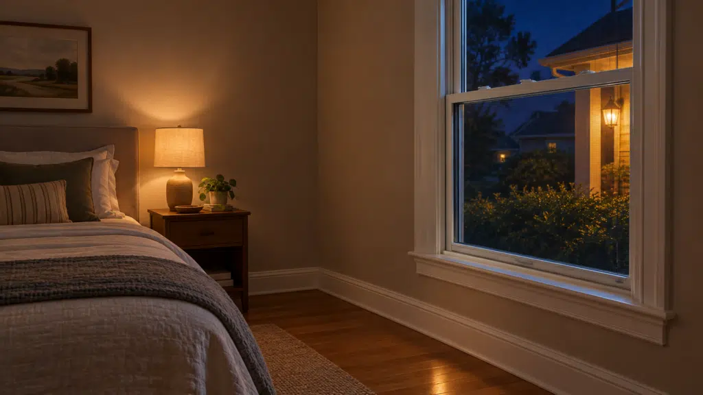 Cozy bedroom with bedside lamp, green pillows, and a view of lit porch through window at night