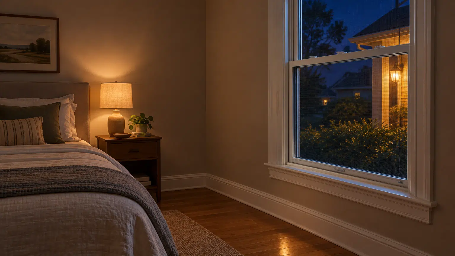 Cozy bedroom with bedside lamp, green pillows, and a view of lit porch through window at night