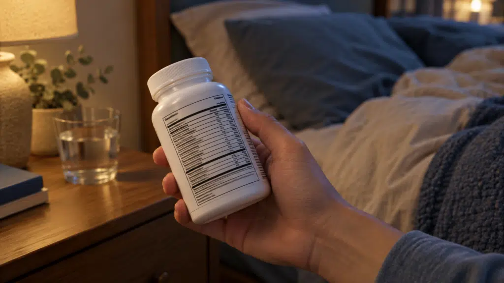 Hand holding a pill bottle next to bed with soft lamp glow