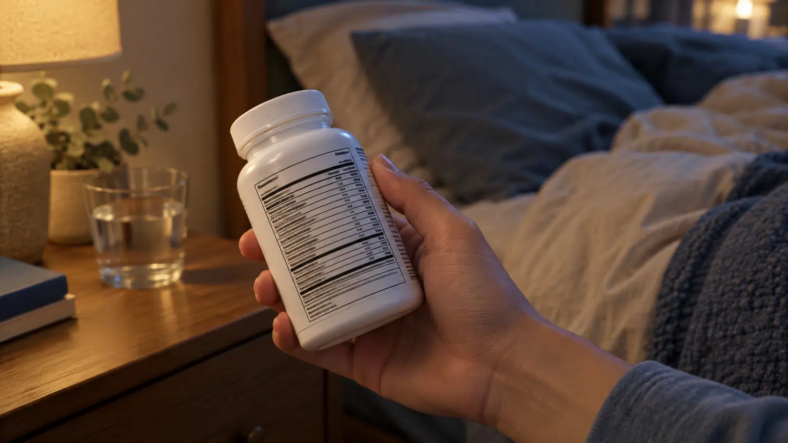 Hand holding a pill bottle next to bed with soft lamp glow