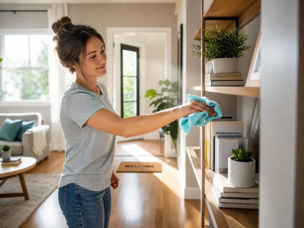 Woman cleaning wooden shelves with blue cloth in bright living room