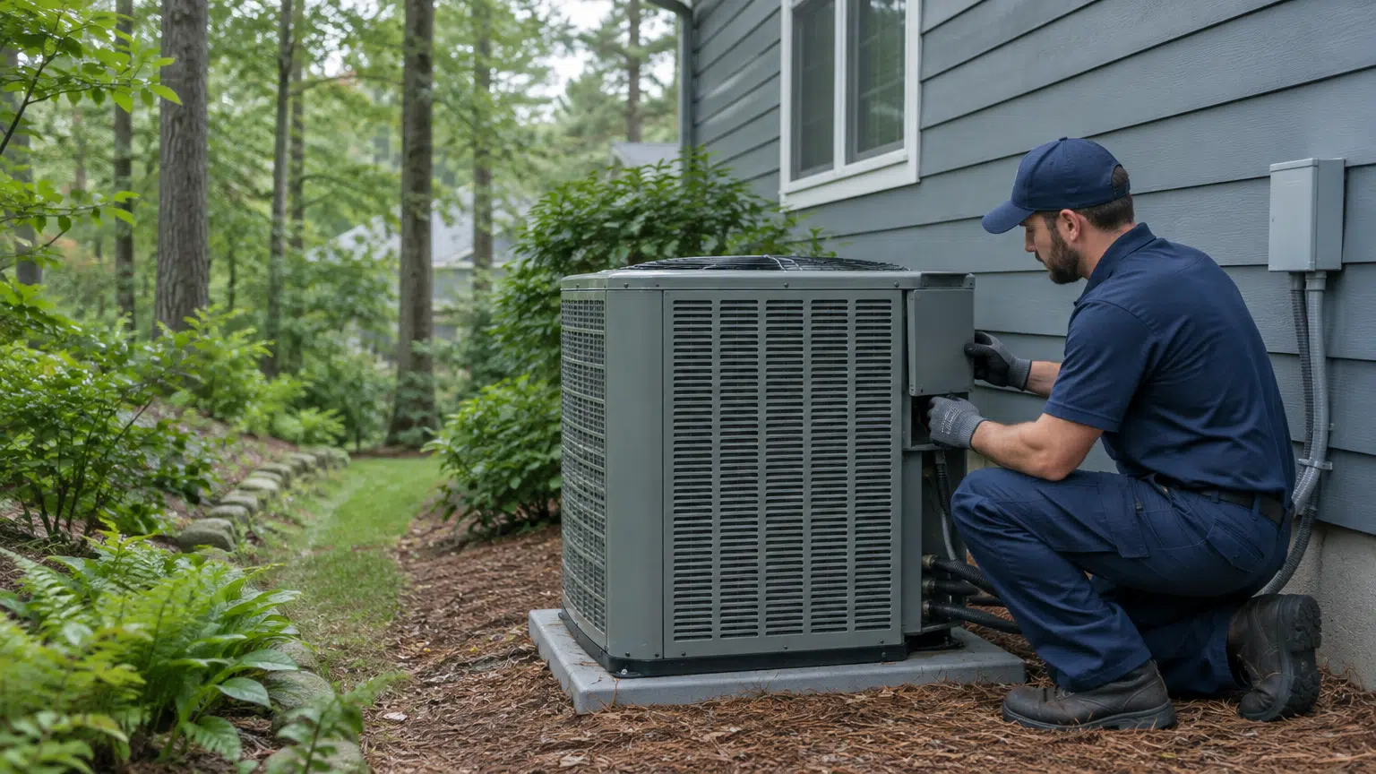 Technician servicing outdoor air conditioning unit beside house in wooded area
