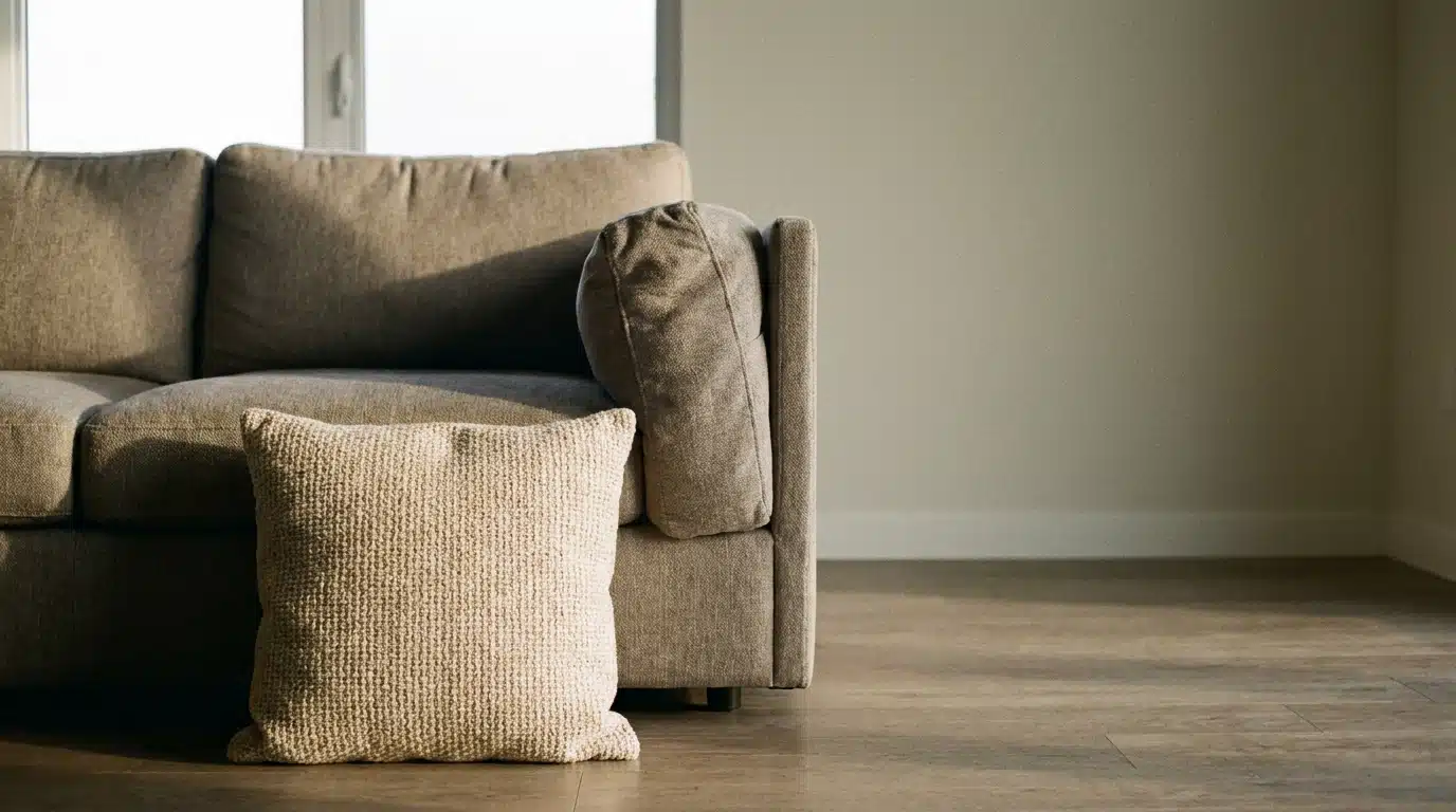 Beige fabric couch with textured cushion in bright minimalist living room