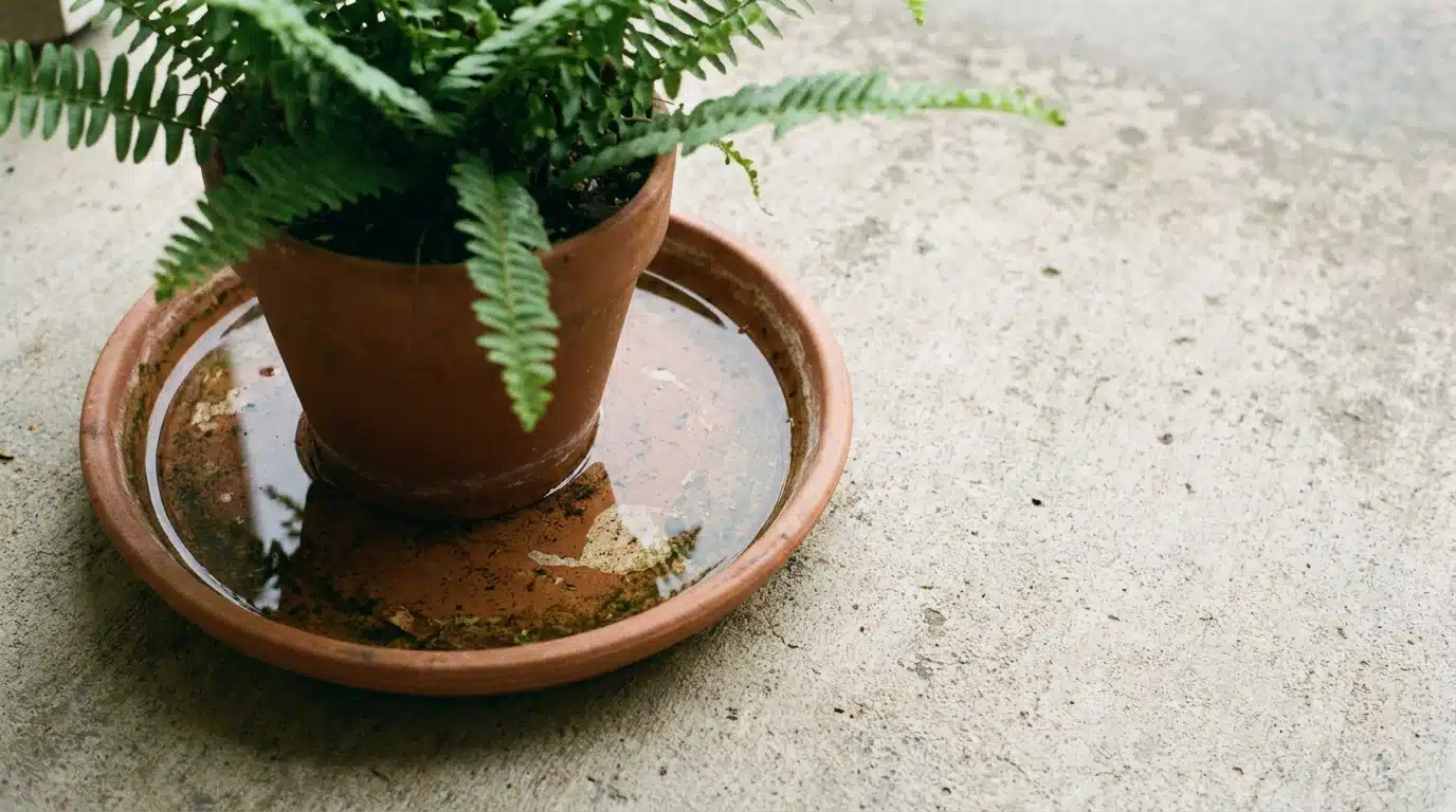 Potted fern on a wet terracotta saucer on concrete surface