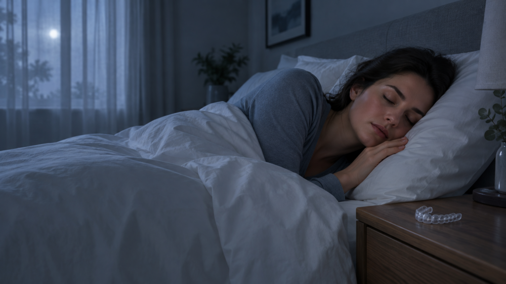 Woman sleeping peacefully in bed with a night guard on bedside table