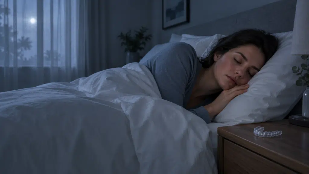 Woman sleeping peacefully in bed with a night guard on bedside table