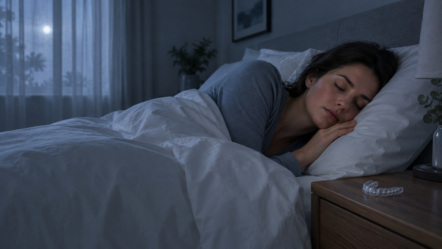 Woman sleeping peacefully in bed with a night guard on bedside table