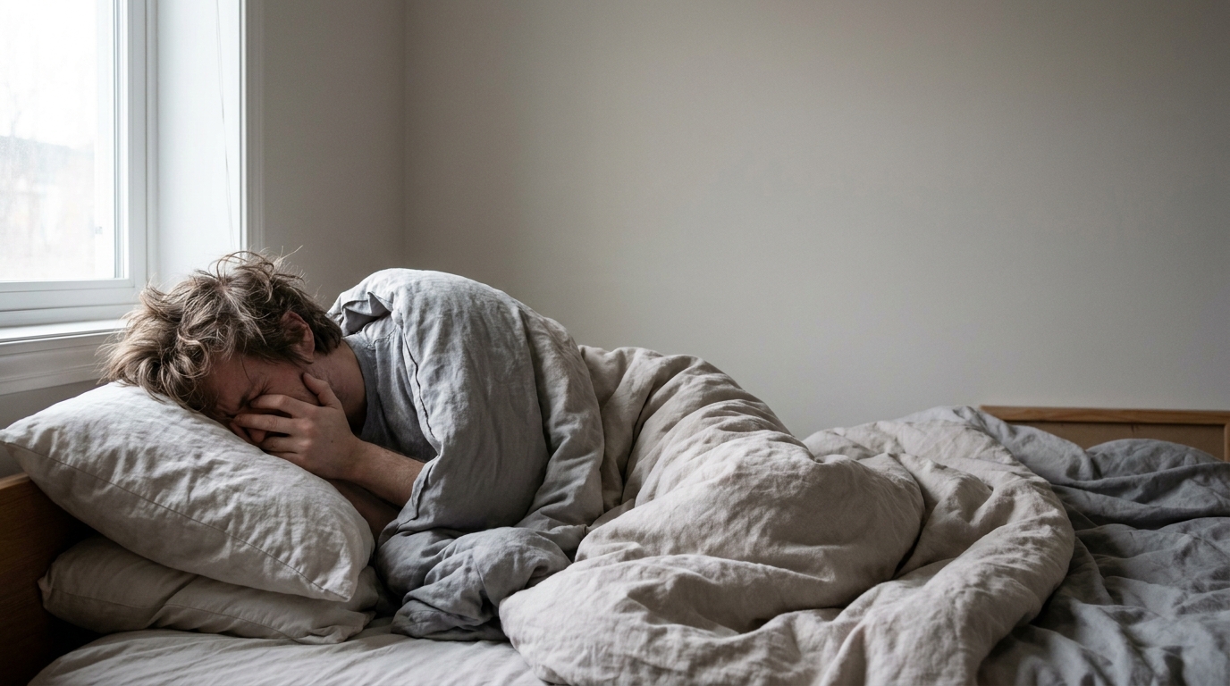 Person lying in bed under gray covers, hands covering face, near window in softly lit room