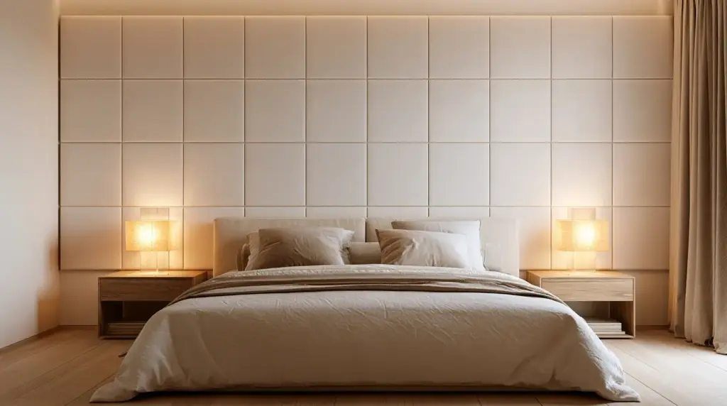 Modern bedroom with beige upholstered wall, wooden nightstands, and soft lighting ambiance