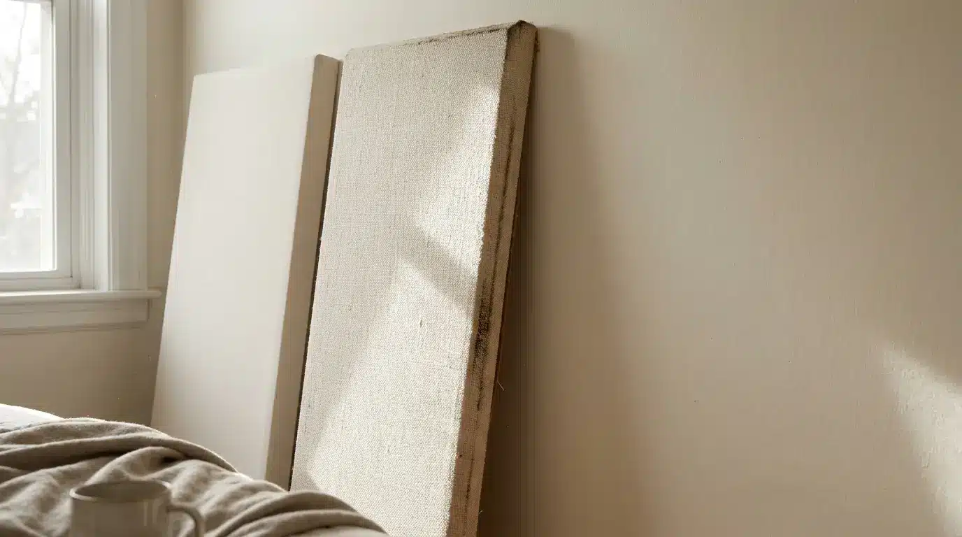 Two blank canvases leaning against a beige wall in a sunlit room