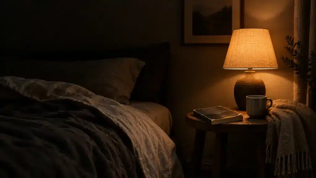 Cozy bedroom with illuminated bedside lamp, book, and mug on wooden table