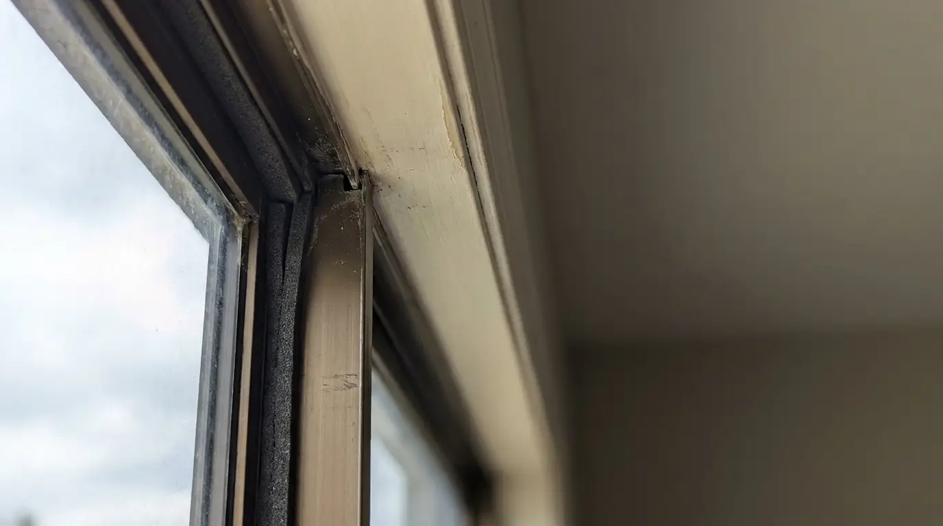 Corner of a large window frame showing weatherstripping, metal sash edge and adjoining painted wall trim