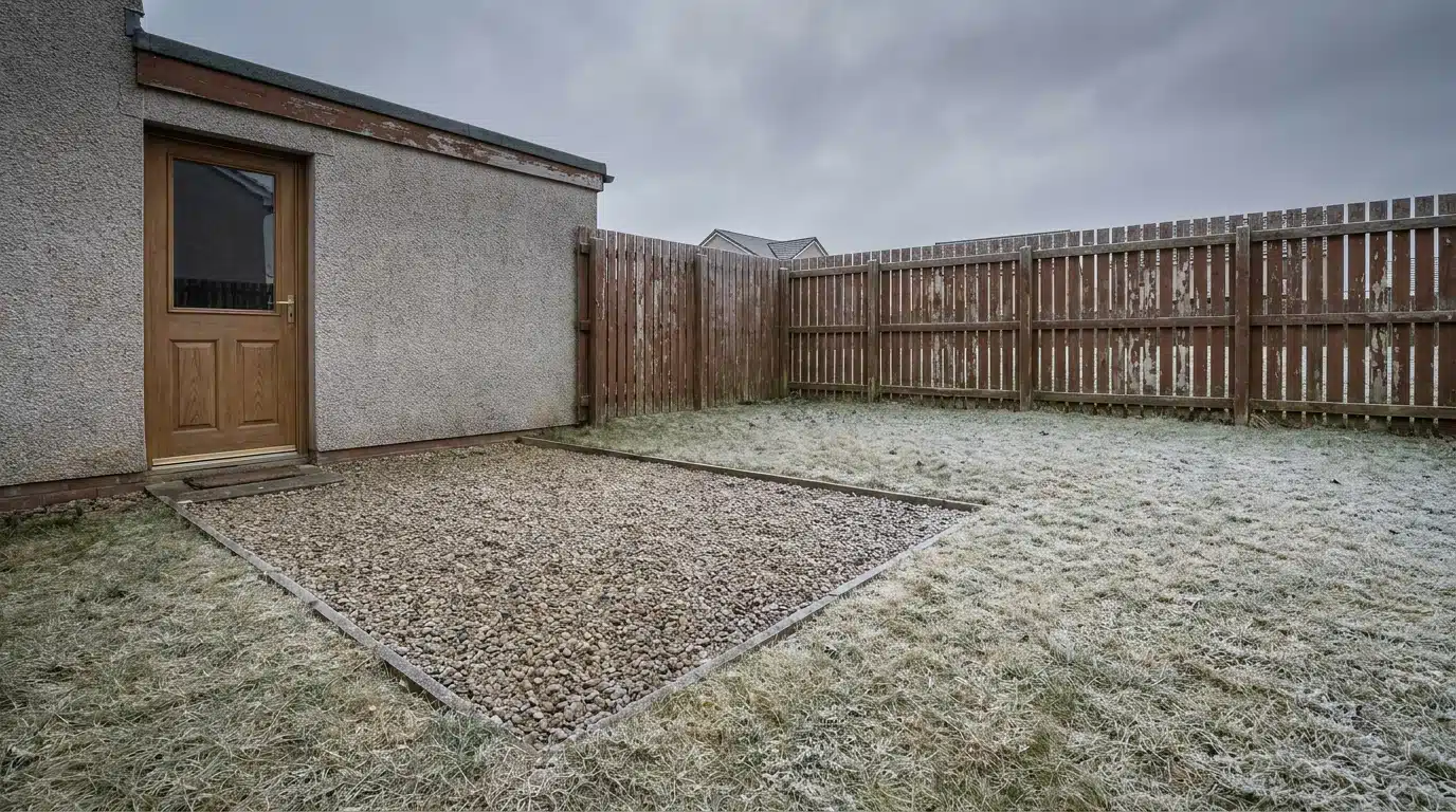 Frost-covered backyard with a wooden fence and gravel patio under cloudy sky